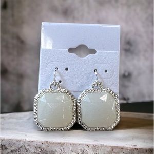 WHITE AGATE SILVER LEAF TRIM SQUARE DANGLE HOOK EARRINGS NATURAL NEUTRAL DAILY